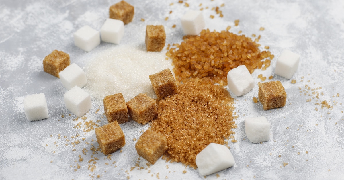 various-types-sugar-brown-sugar-white-concrete-top-view